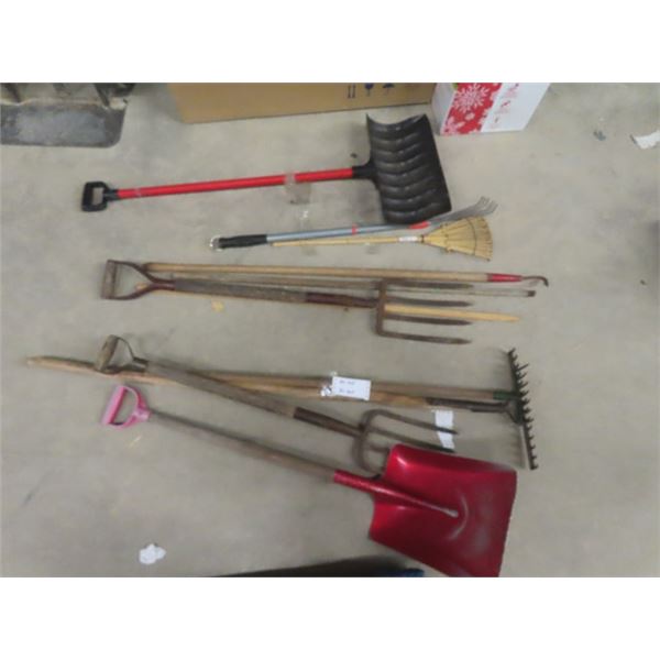 Lot of Garden + Yard Tools ; Shovels, Potato Forks, Rakes