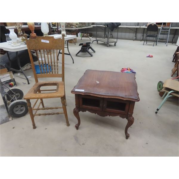 Wooden End Table with 2 Doors 21  x 26  x 26  , Wooden Press Back Chair - Seat Missing