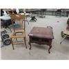 Image 1 : Wooden End Table with 2 Doors 21" x 26" x 26" , Wooden Press Back Chair - Seat Missing