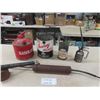 Image 1 : Small Gas Can, Vice Roy Antifreeze Tin, Old Oiler, Fly Tox Sprayer, Grease Gun