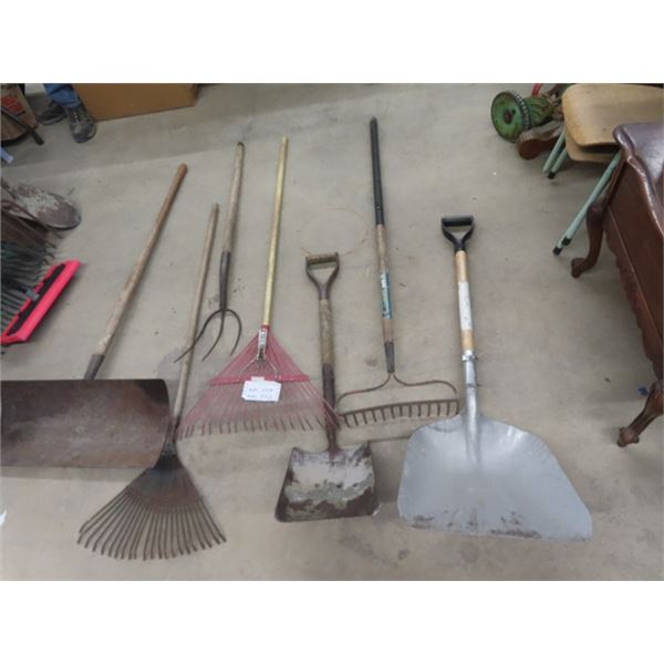 7 Yard Tools; Shovels, Rakes, Forks