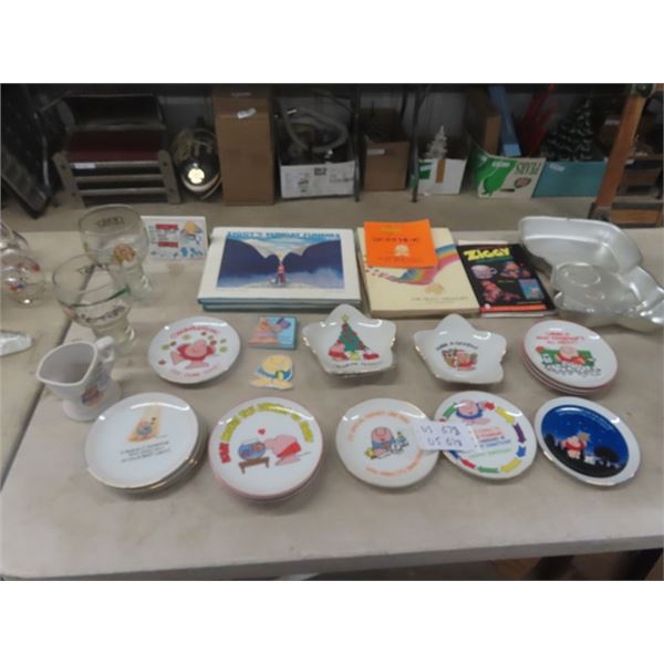 Ziggy Collectibles; Plates, Cake Pan, Books plus more