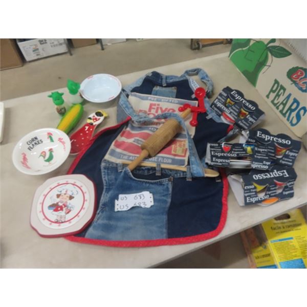 Five Roses Apron, Utensils, Rolling Pin, Kellogg's Bowl, Campbell Trivet plus more