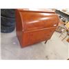 Image 2 : Vintage Roll Top Desk - Teak look- Missing 2 Legs- Good Project Piece 18" x 35.5" x 38"  - Brought i