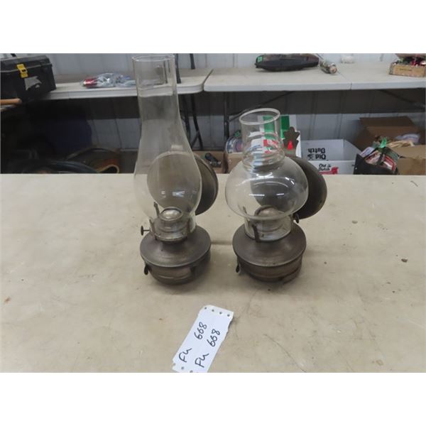 2 Wall Mount Coal Oil Lamps