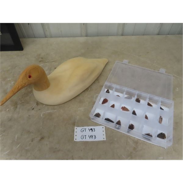 Unpainted Wooden Duck Decoy , Container with 18 Arrow Heads