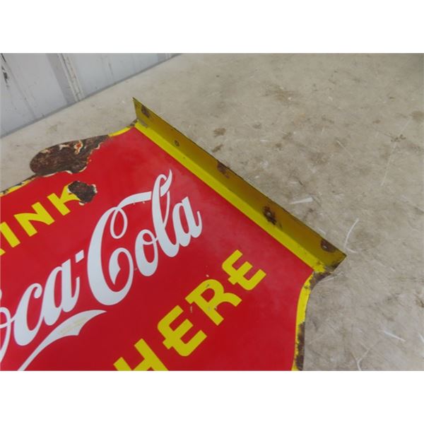 Vintage 1940s Porcelain Drink Coca-Cola Here double Sided Flange