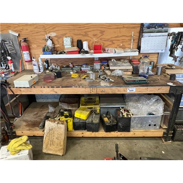 BENCH 8'L X 3' W X 3' H INCLUDING CONTENTS. RIVET KIT, KEY LOCK BOX, DRILL BITS, SCREWS, SAFETY