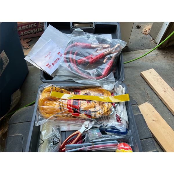 ROADSIDE EMERGENCY KIT-BOOSTER CABLES, TOW ROPE, PLIERS, KNIFE, SCREWDRIVERS, TAPE,