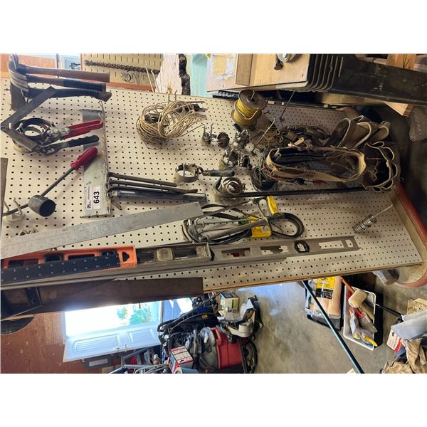 CONTENTS OF PEG BOARD.  INCLUDES 3 LEVELS, 5 SQUARES, SOCKETS, TOOL BELT, CROW BARS, WIRE,
