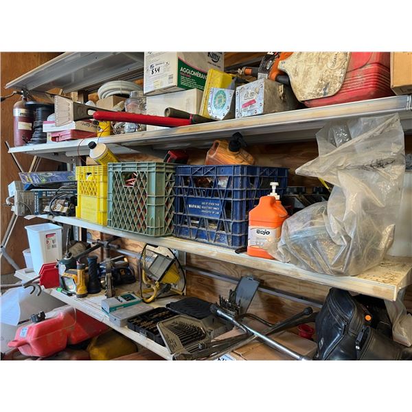 SHELF LOT. HACKSAWS, FITTINGS, AIR HOSE, WET WHEEL SHARPENING STONE, STUDDED GRIP-ON ICE