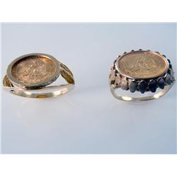 (2) Mexican Pesos Gold Coin Rings 10.5 Grams Times the Money Hand Made Setting 1945 Dos Pesos Gold C