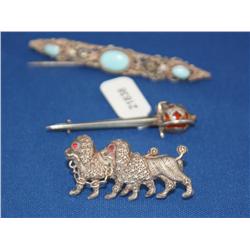3 Civil Ware Era Brooches - All .900 Silver Garnet, Persian Turquoise, Carnelian Gemstones   