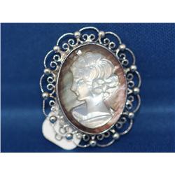 1930's Designer Sorrento Sterling Cameo Brooch Mother of Pearl & Abalone   