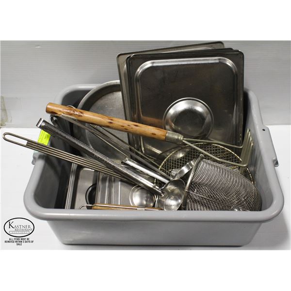 GREY BIN WITH ASSORTED LIDS, WIRE STRAINERS, S/S