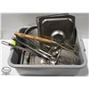 GREY BIN WITH ASSORTED LIDS, WIRE STRAINERS, S/S