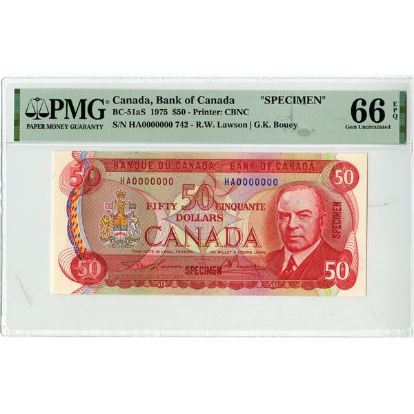 Bank of Canada, 1975, Specimen Banknote