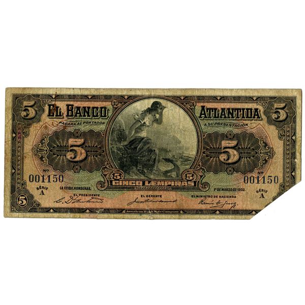 Banco Atlantida, 1932 Issue Banknote.
