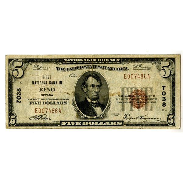 Nevada, First National Bank in Reno, $5, Series of 1929, T1, Ch# 7038, Issued Banknote.