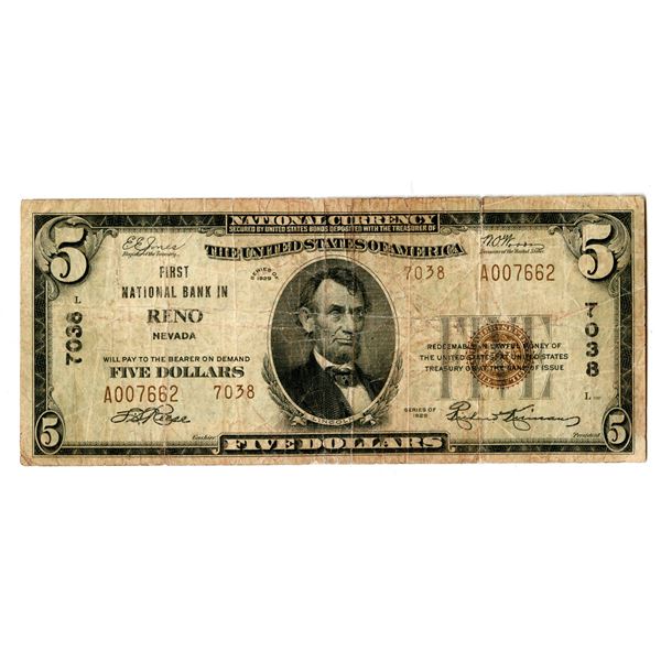 Nevada. First National Bank in Reno, $5, Series of 1929, T2, Ch# 7038, Brown Seal.