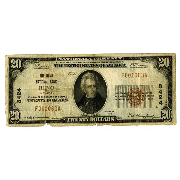 Nevada. Reno National Bank, $20, Series of 1929 Type I, Ch# 8424, Brown Seal.