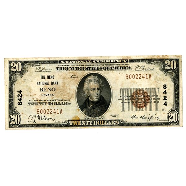 Nevada, Reno National Bank, Reno, $20, Series of 1929, T1, Ch# 8424 Issued Banknote.