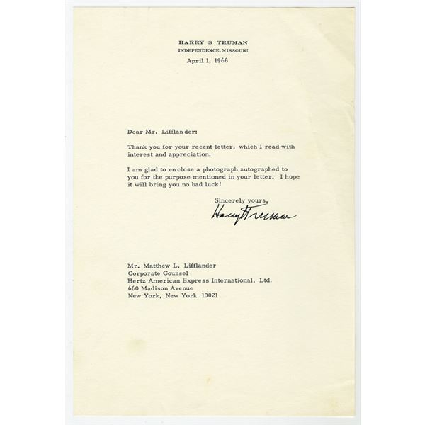 Truman Letters Harry Truman Letter with Autograph and Corresponding Note, 1966