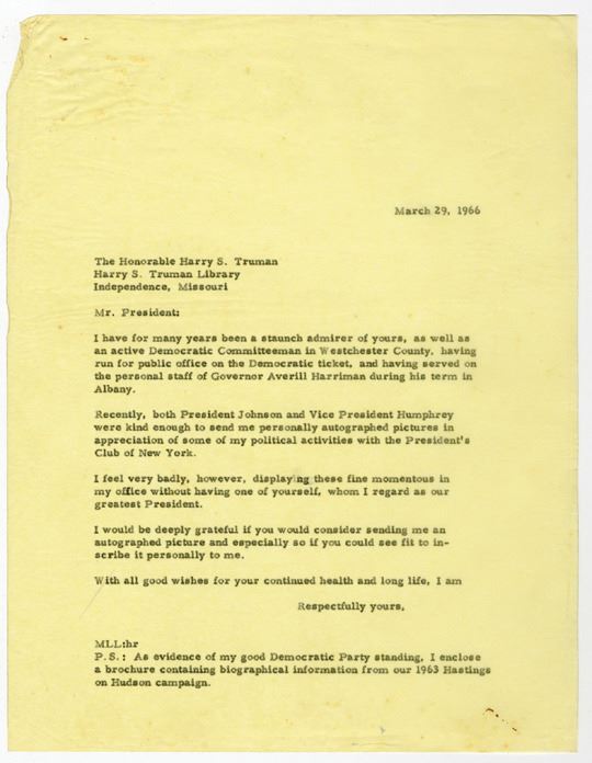 Truman Letters Harry Truman Letter with Autograph and Corresponding Note, 1966