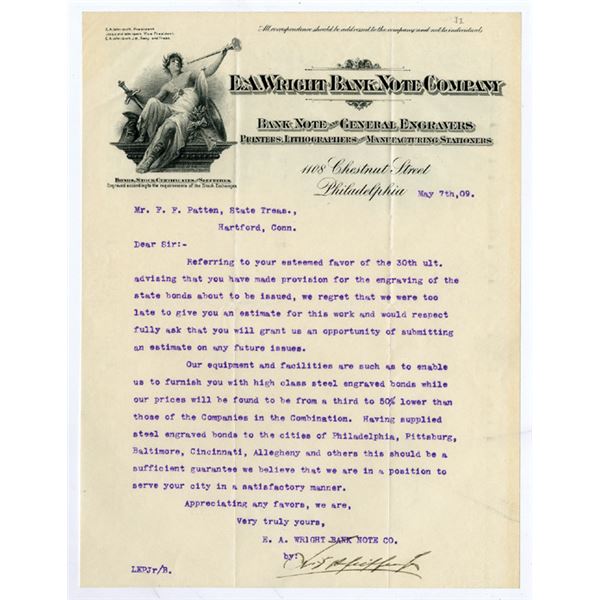 E.A. Wright Bank Note Co. 1909 Typewritten Letter on EAW-BNC Letterhead ...