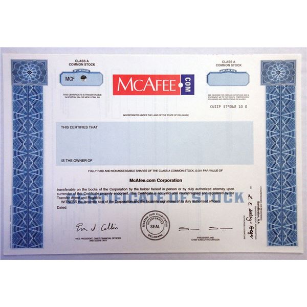 McAfee com Corp ca 1980 90s Specimen Stock Certificate McAfee com Corp ca 1980 90s Specimen Stock Certificate