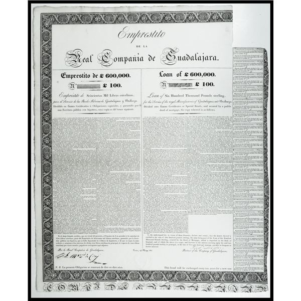 Real Compania de Guadalajara, Loan of £600,000. 1825, £100 Sterling I/U Bond Signed by Marquis de Cr