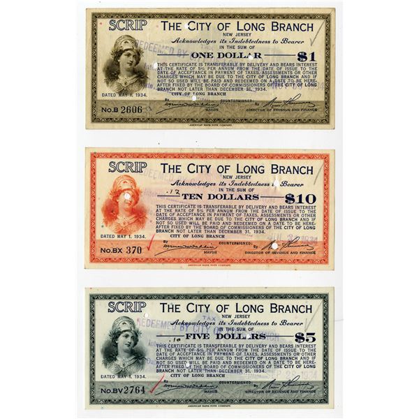 City of Long Branch, 1934 Depression Scrip Note Trio