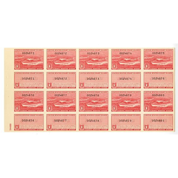 Revenue, U.S. Coast Guard, Federal Boating Stamp, 1960, Scott # RVB1, $1, Mint, NH, Uncut Sheet of 1