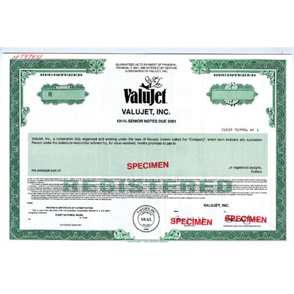 ValuJet, Inc., 1995, Specimen Bond