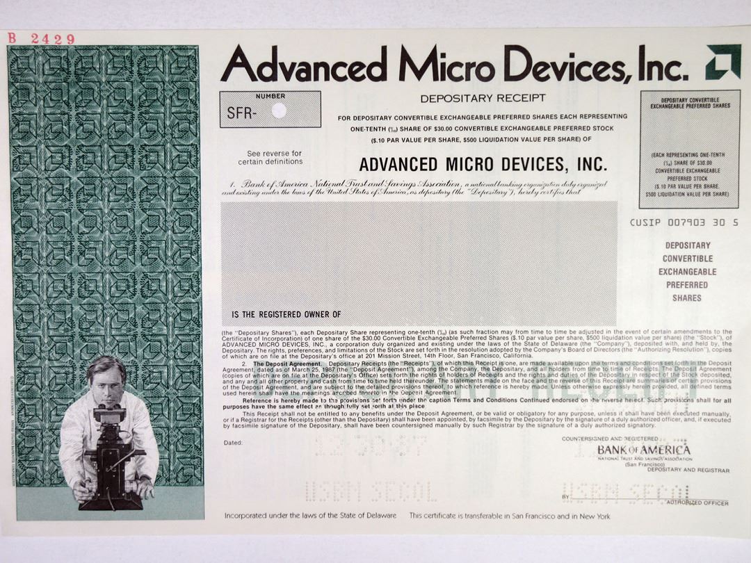 Advanced Micro Devices, Inc., 1987 Specimen ADR Certificate, XF