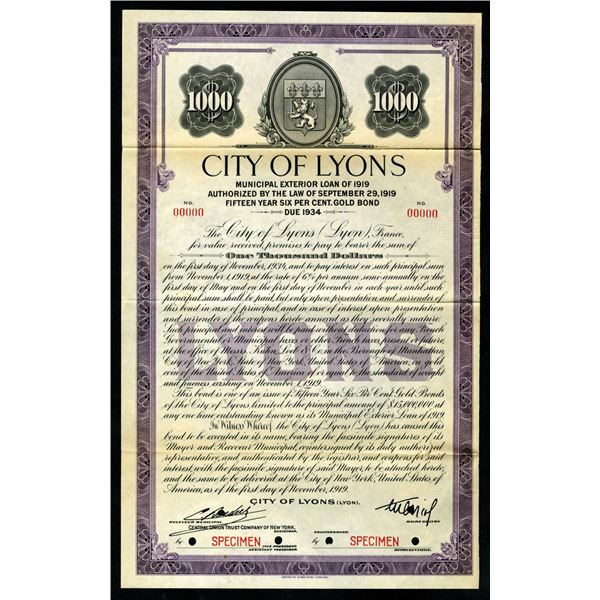 City of Lyons 1919 Specimen Bond