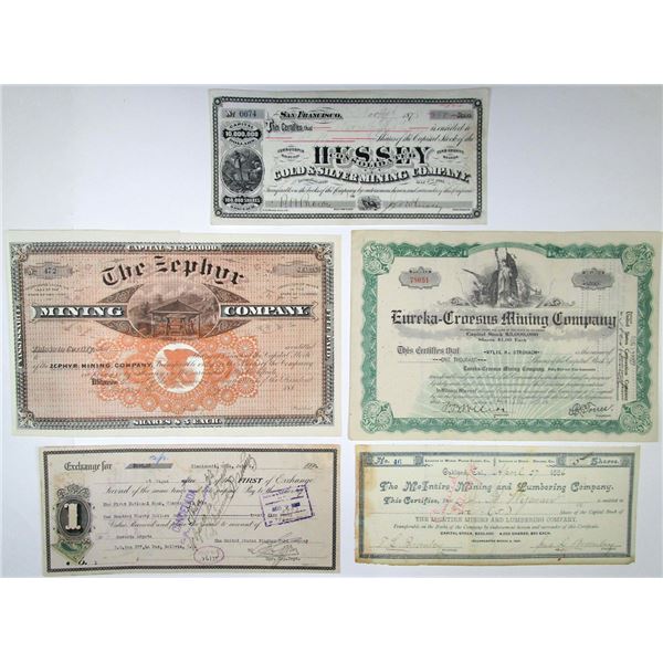 California, Nevada, & Colorado Mining Related Certificates, 1878-1927, Group of 5 Certificates