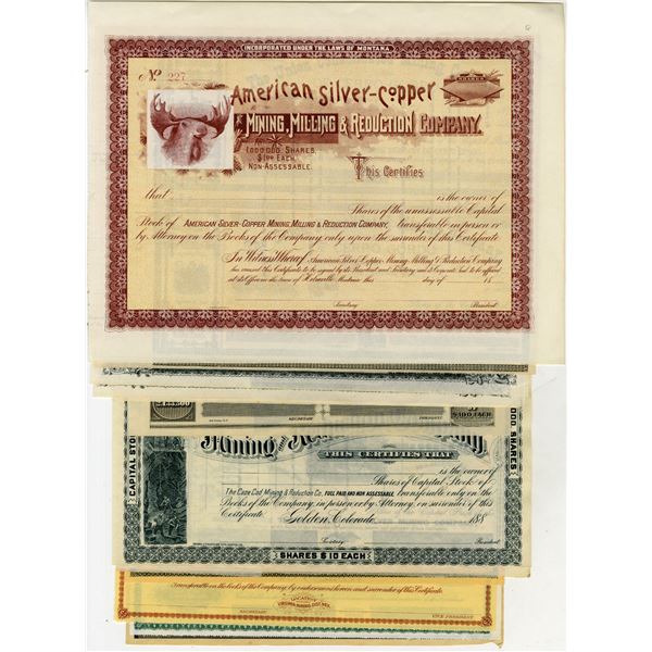 Nevada, Colorado, Montana, and California, ca.1860-1890s, Assortment of Mining Related Unissued Stoc