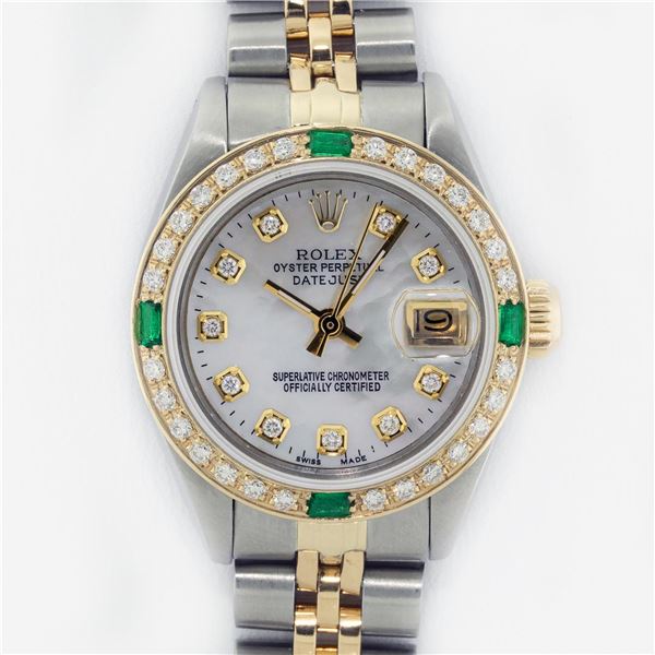 Rolex Ladies 2 Tone MOP Diamond & Emerald Datejust Wristwatch