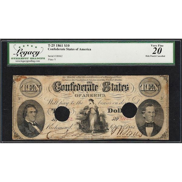 1861 $10 Confederate States of America Note T-25 Legacy Very Fine 20