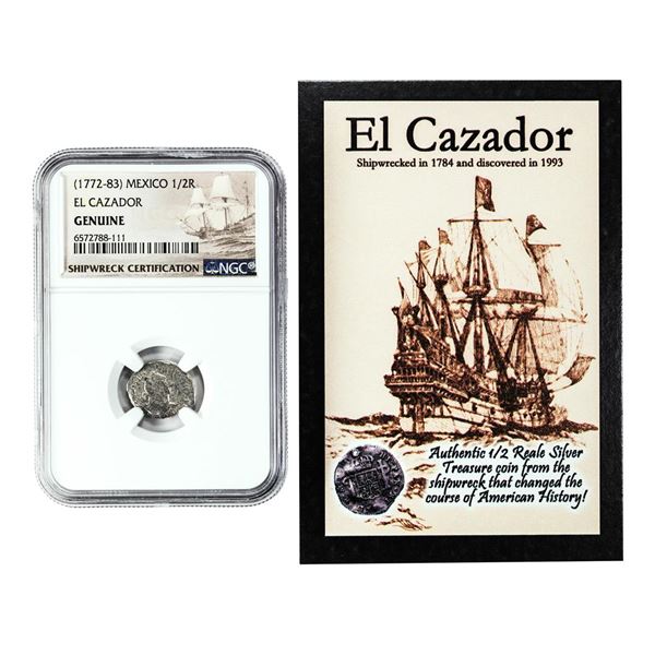 El Cazador Shipwreck (1772-83) Mexico 1/2 Real Silver Coin NGC Genuine w/ Story Card