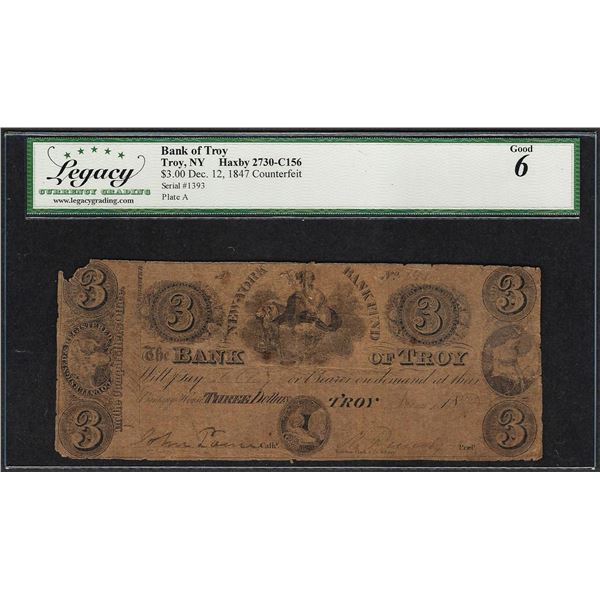 1847 $3 Bank of Troy NY Contemporary Counterfeit Obsolete Note Legacy Good 6