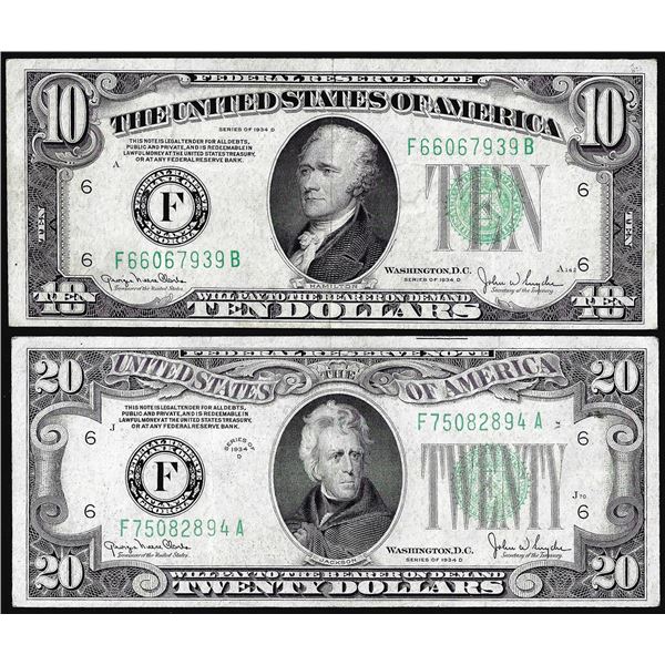 Lot of 1934D $10 & $20 Federal Reserve Notes Atlanta