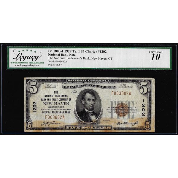 1929 $5 NB New Haven, CT CH# 1202 National Currency Note Legacy Very Good 10