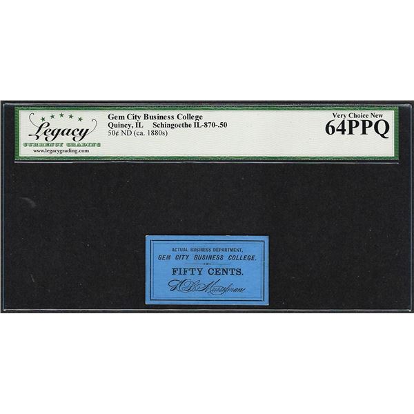 Gem City Business College 50 Cents Quincy, IL Obsolete Note Legacy Very Ch. New 64PPQ