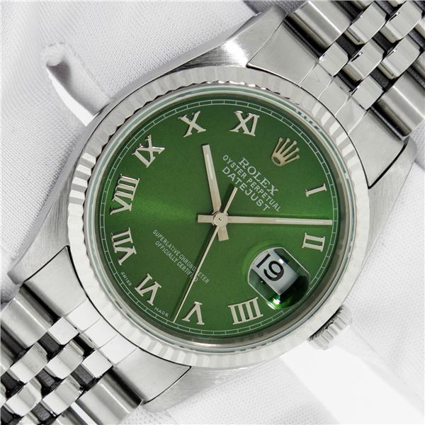 Rolex Men's Stainless Steel Green Roman Datejust Wristwatch