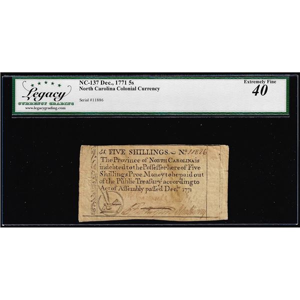 December 1771 5 Shillings North Carolina Colonial Note NC-137 Legacy Extremely Fine 40