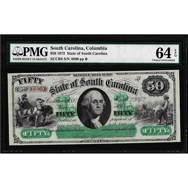 1872 $50 State of South Carolina Obsolete Note PMG Choice Uncirculated 64EPQ