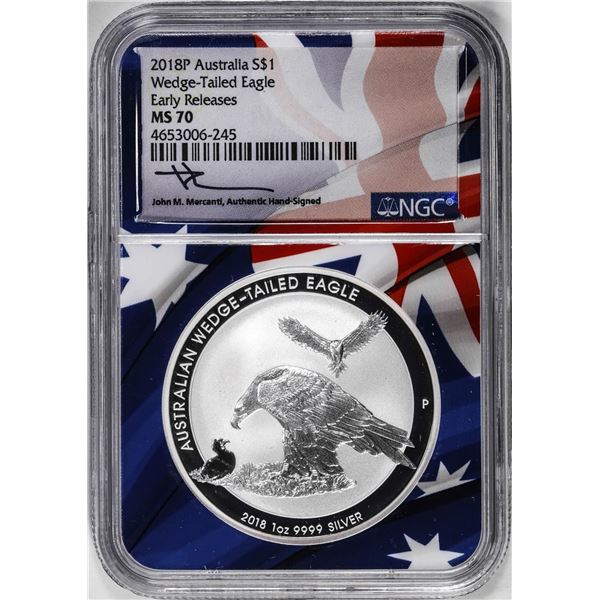 2018 Australia $1 Wedge-Tailed Eagle Silver Coin NGC MS70 Mercanti Signed Early Releases