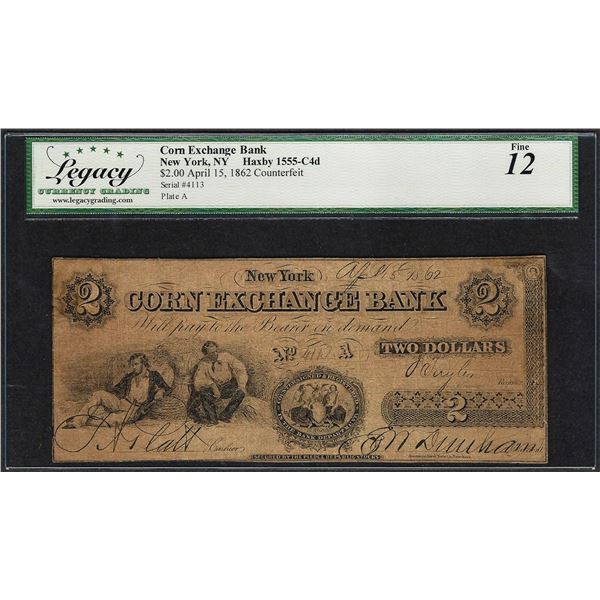 1862 $2 Corn Exchange Bank New York Contemporary Counterfeit Obsolete Note Legacy Fine 12